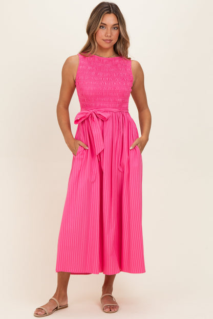 Pink Textured Tie Maternity Midi Dress