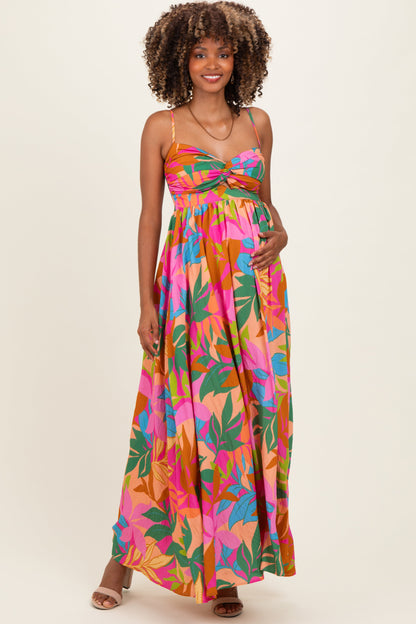 Brown Pink Multi Printed Maternity Maxi Dress
