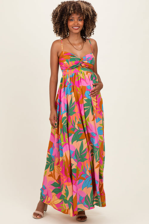 Brown Pink Multi Printed Maternity Maxi Dress