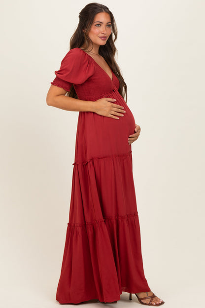 Brick V-Neck Smocked Tiered Maternity Maxi Dresses