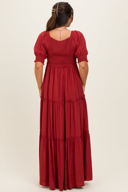 Brick V-Neck Smocked Tiered Maternity Maxi Dresses