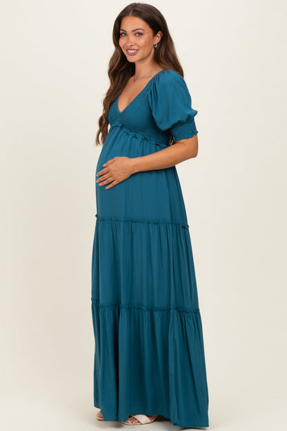 Teal V-Neck Smocked Tiered Maternity Maxi Dresses