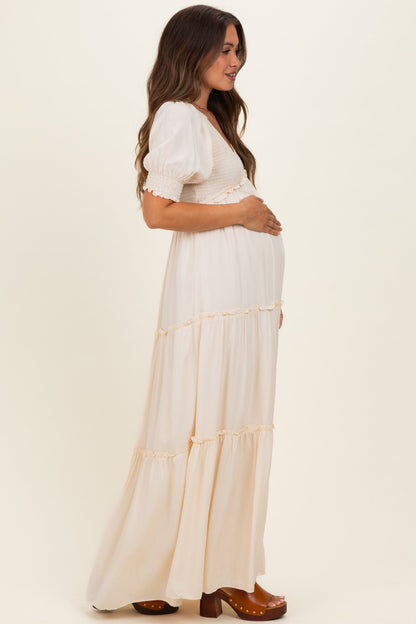 Cream V-Neck Smocked Tiered Maternity Maxi Dresses