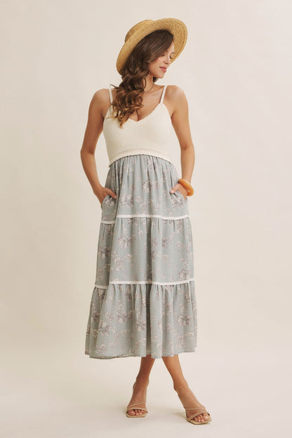 Dusty Mint Floral Crochet Knit Top Floral Skirt Maternity Dress