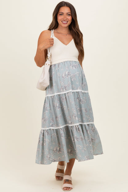 Dusty Mint Floral Crochet Knit Top Floral Skirt Maternity Dress