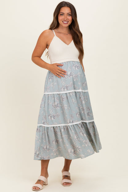 Dusty Mint Floral Crochet Knit Top Floral Skirt Maternity Dress