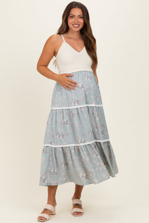 Dusty Mint Floral Crochet Knit Top Floral Skirt Maternity Dress