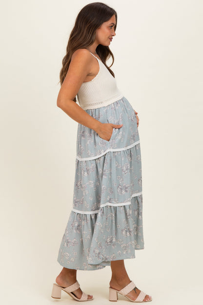 Dusty Mint Floral Crochet Knit Top Floral Skirt Maternity Dress