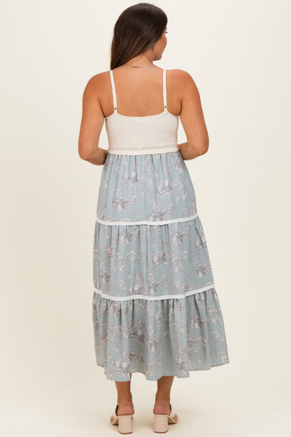 Dusty Mint Floral Crochet Knit Top Floral Skirt Maternity Dress