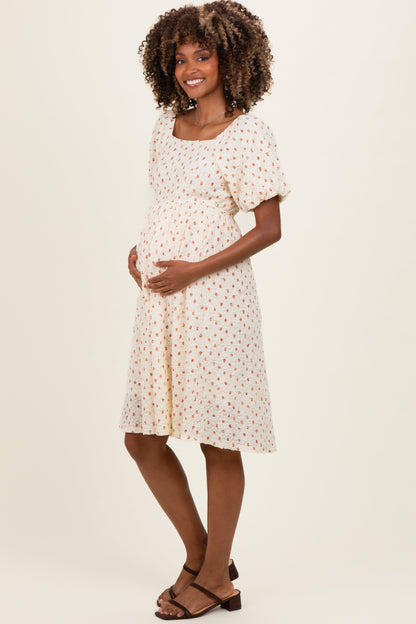 Cream Floral Textured Knit Maternity Midi Dress