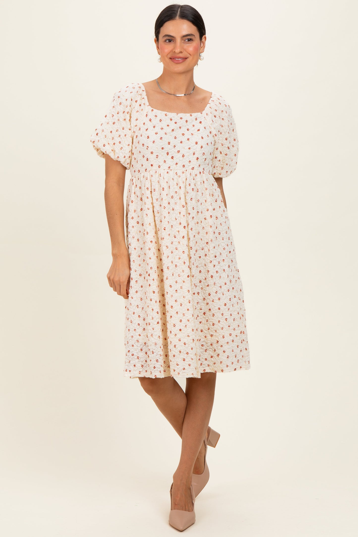 Cream Floral Textured Knit Maternity Midi Dress