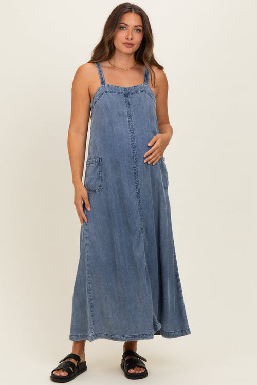 Denim Blue Sleeveless Side Pocket Maternity Dress