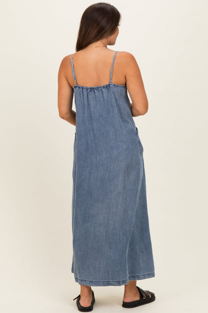Denim Blue Sleeveless Side Pocket Maternity Dress