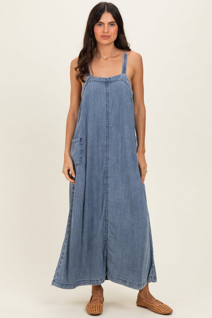 Denim Blue Sleeveless Side Pocket Maternity Dress