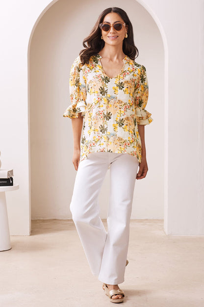 Positano Floral Mid Sleeve V-Neck Linen Top
