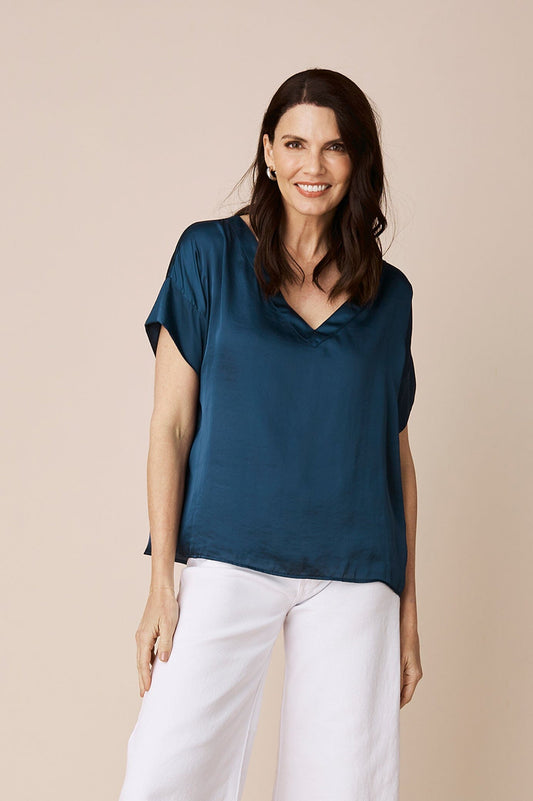 Bianca Short Sleeve Top Navy with V Neck