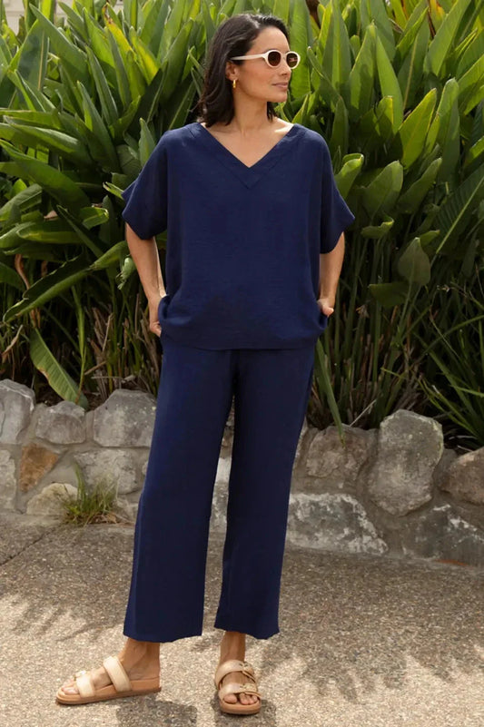 Gemma Straight Leg Tie Waist Pants Navy