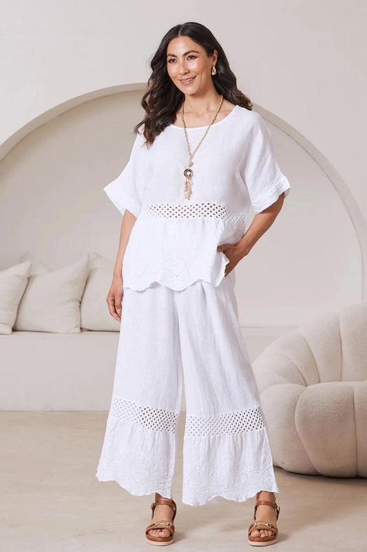 Milania Wide Leg Linen Crochet Pants in White