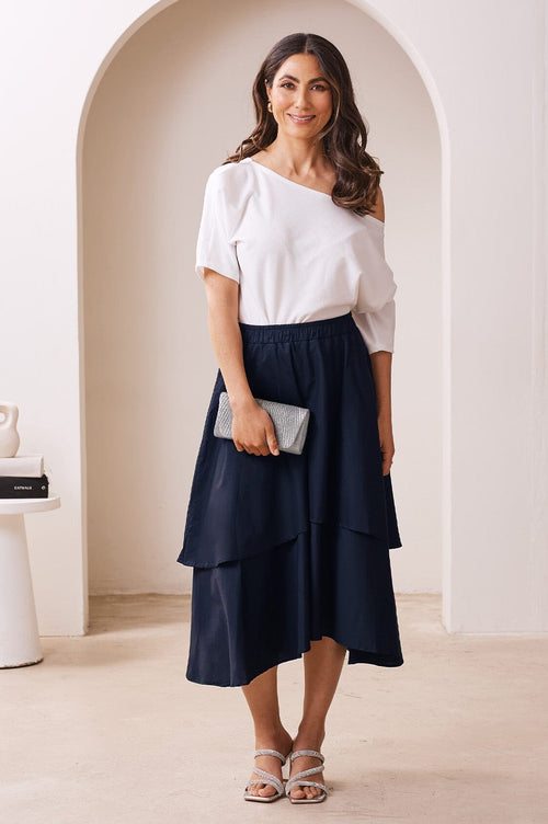 Vivian Flared Tiered Midi Skirt Navy