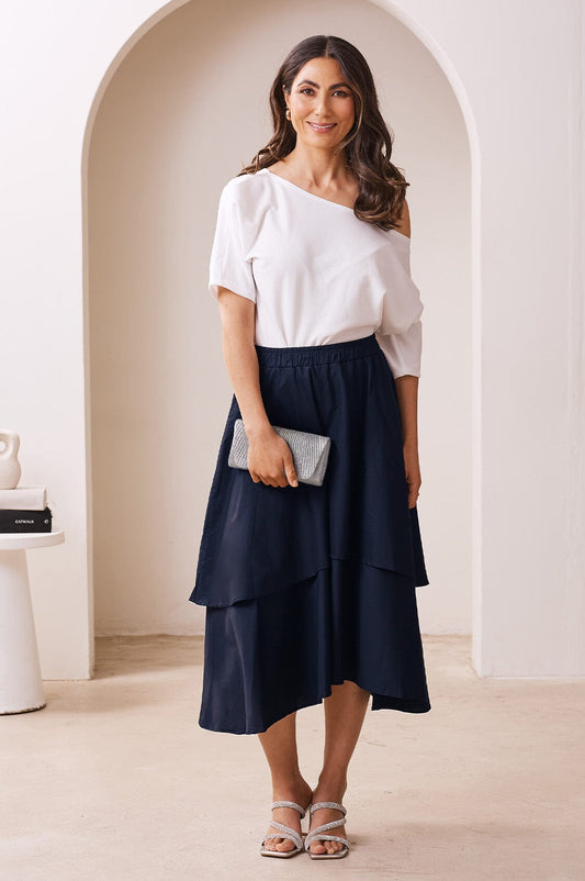 Vivian Flared Tiered Midi Skirt Navy