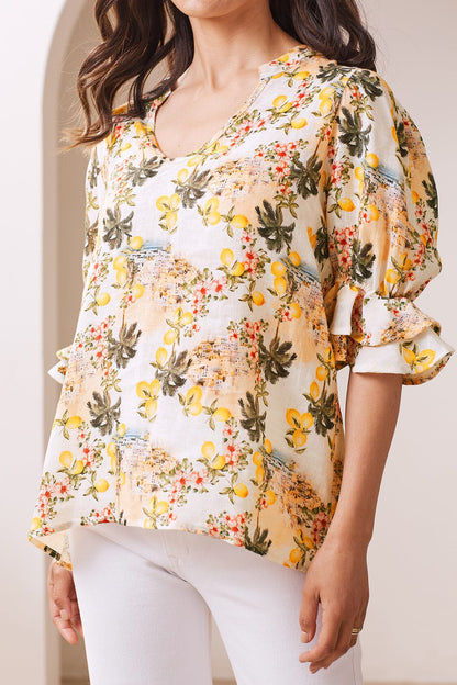 Positano Floral Mid Sleeve V-Neck Linen Top