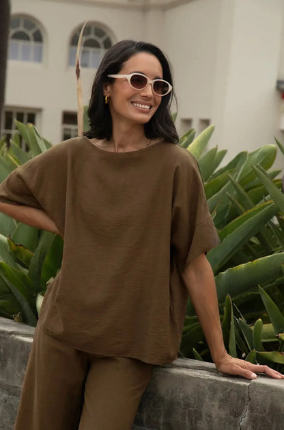 Gemma Short Sleeve Round Neck Top Khaki