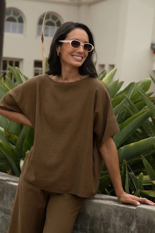 Gemma Short Sleeve Round Neck Top Khaki