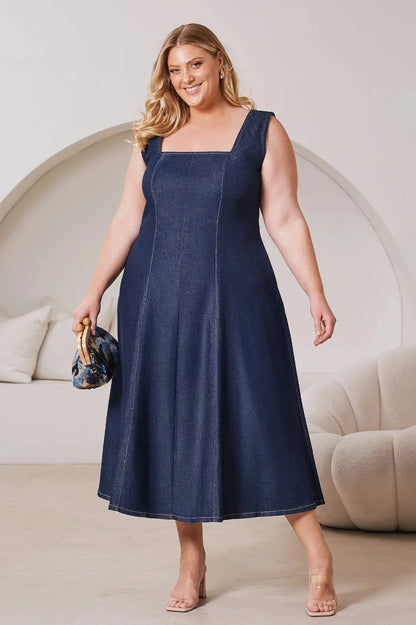 Julia Sleeveless Midi Dress in Denim