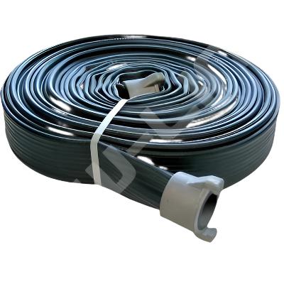 Black ribbed rubber forestry hose assembly shown with aluminum instantaneous forestry couplings on both ends