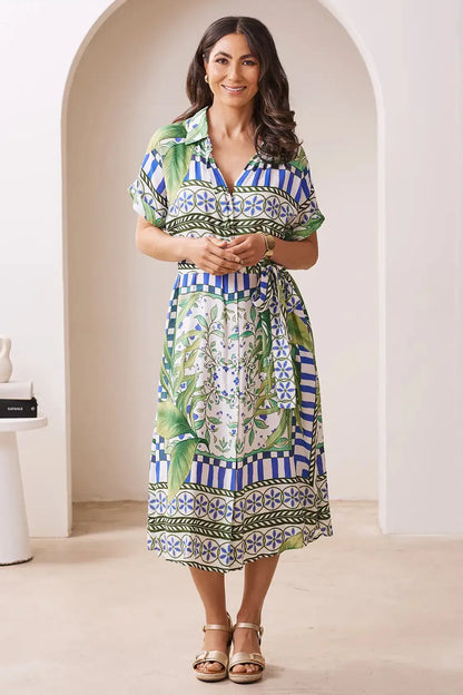 Tonya Short Sleeve Collared Dress in Emerald