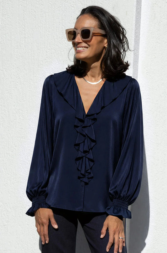 Alyssa Ruffle V-Neck Long Sleeve Top Navy - Pre Order