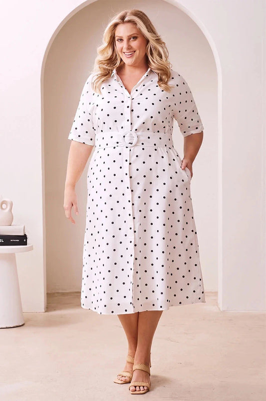Celia Dress White with Black Polka Dots