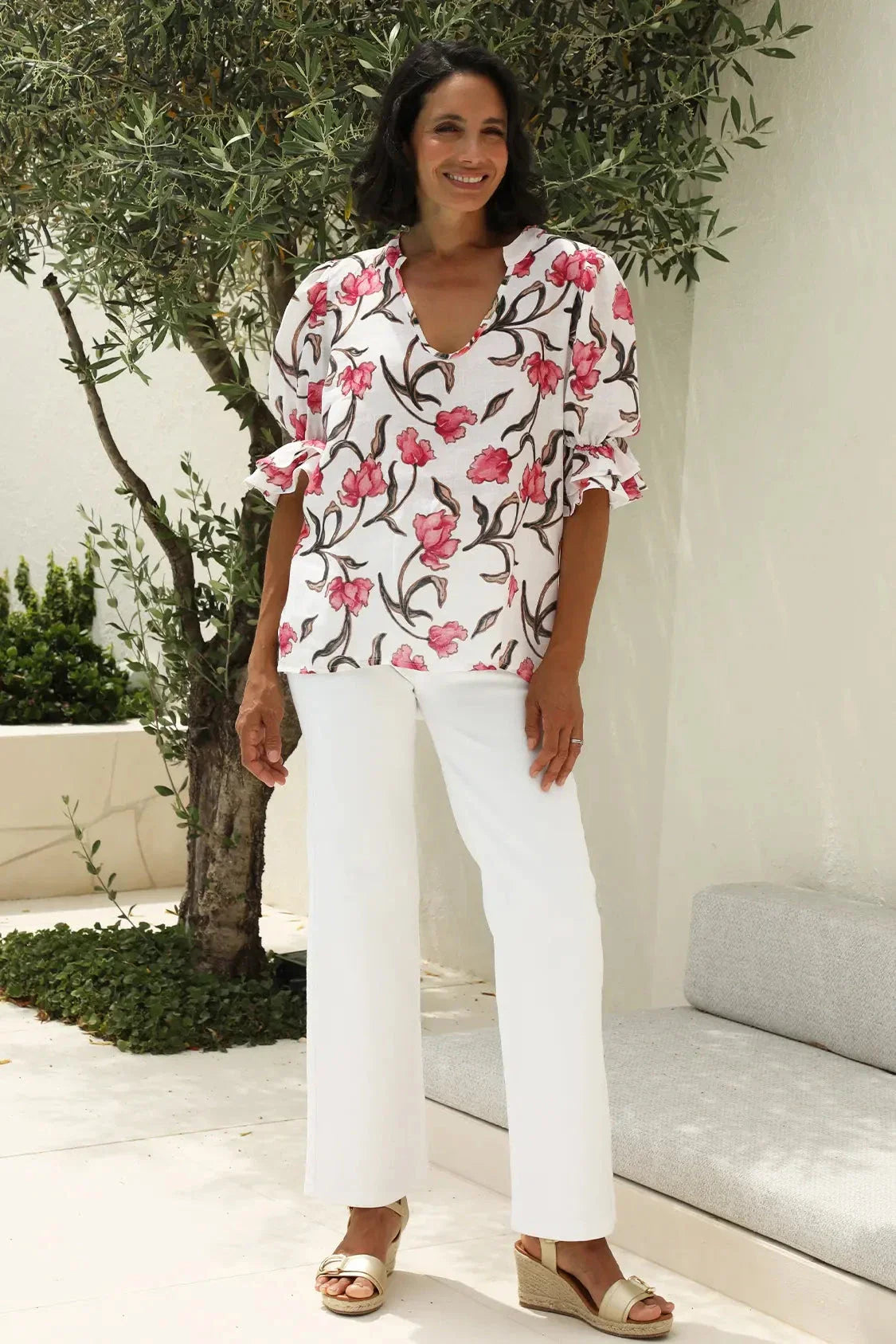 Cristina Floral Mid Sleeve V-Neck Linen Top