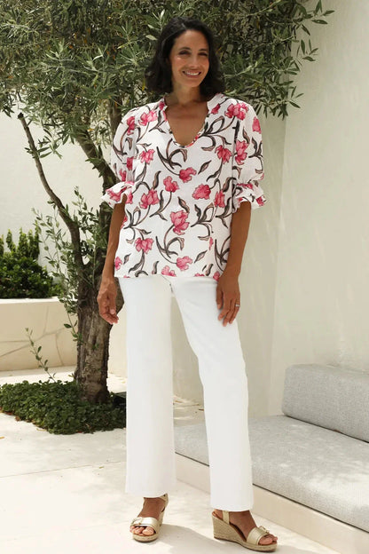 Cristina Floral Mid Sleeve V-Neck Linen Top