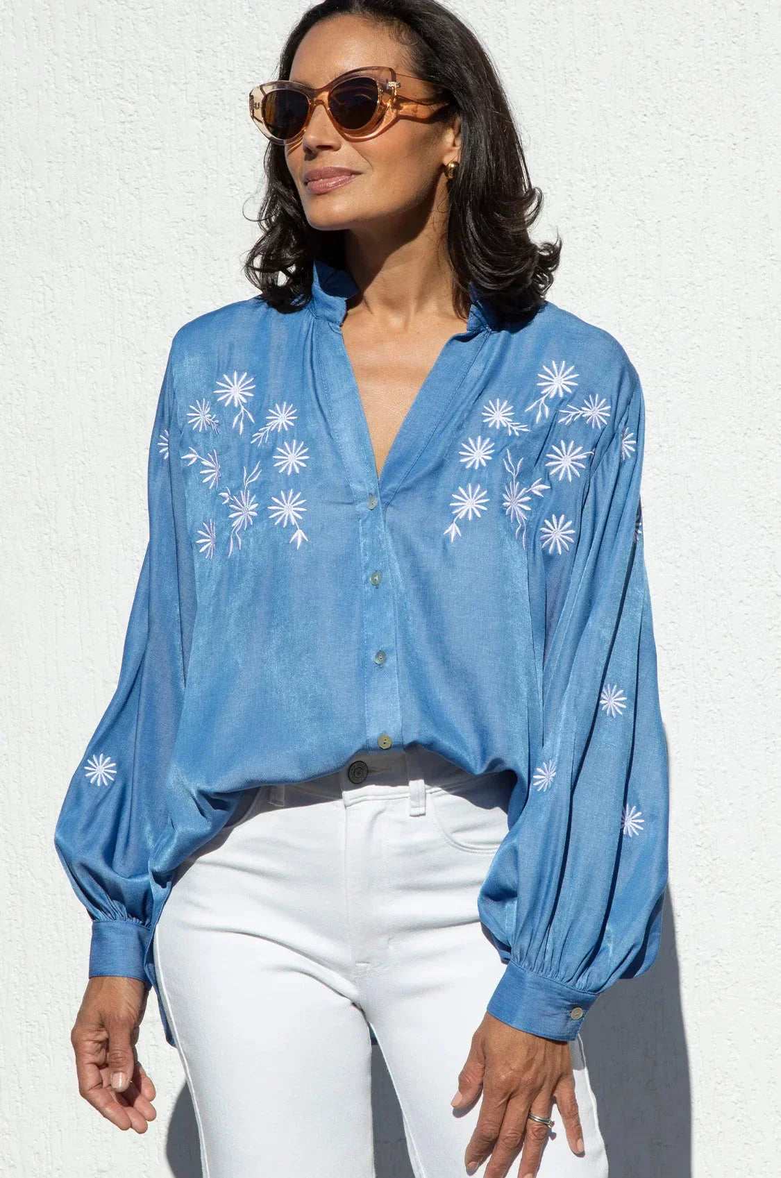 Daphne Embroidered Collared Shirt Denim Blue