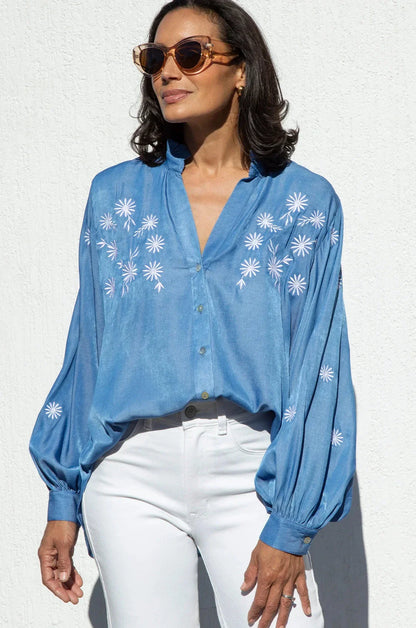 Daphne Embroidered Collared Shirt Denim Blue