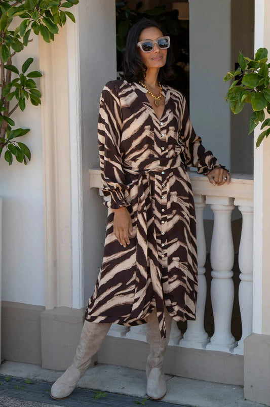 Evelyn Animal Print Long Sleeve Dress in Chocolate