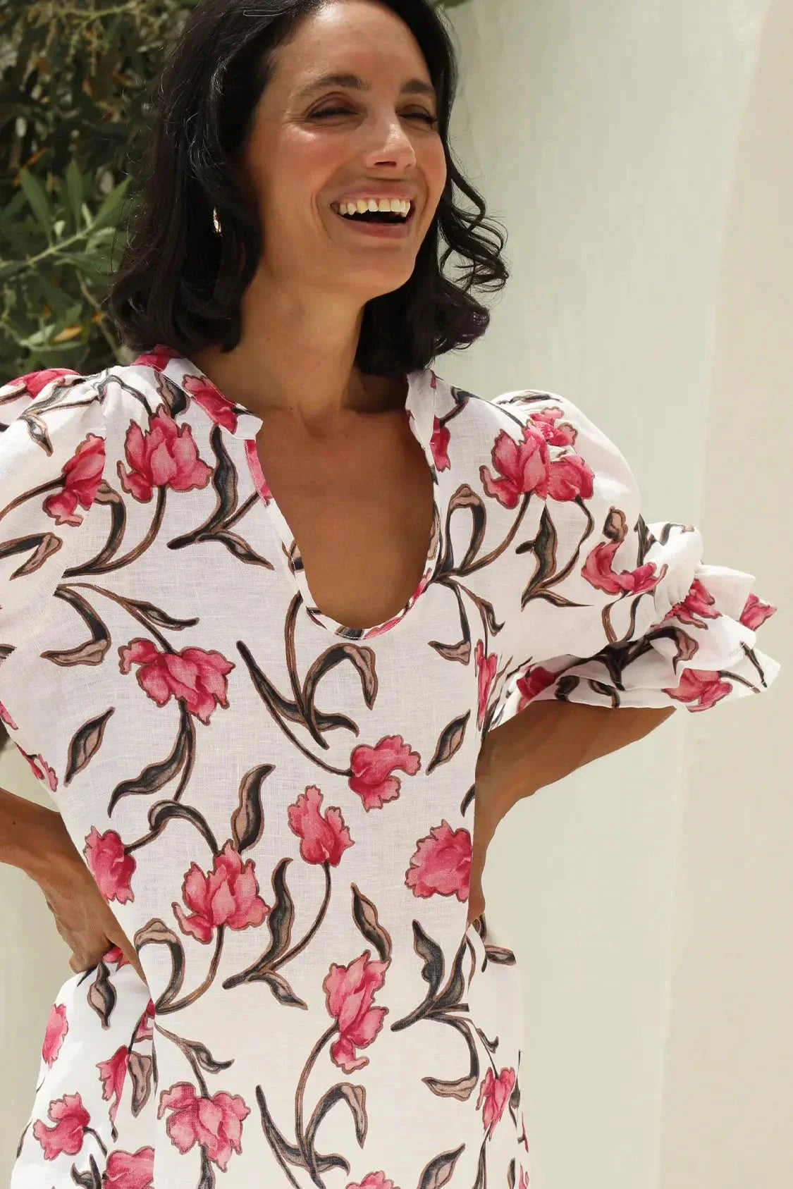 Cristina Floral Mid Sleeve V-Neck Linen Top
