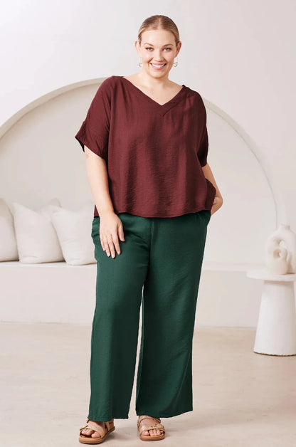 Gemma Short Sleeve V Neck Top Burgundy