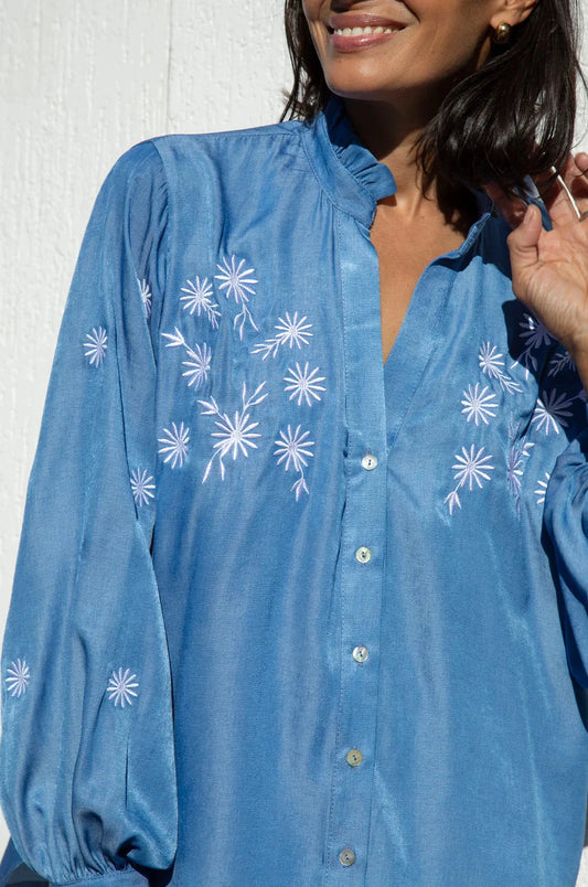 Daphne Embroidered Collared Shirt Denim Blue