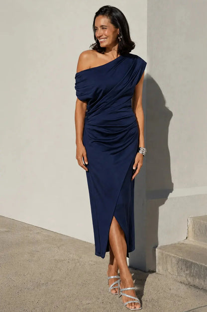 Roslyn Off Shoulder Midi Dress Navy