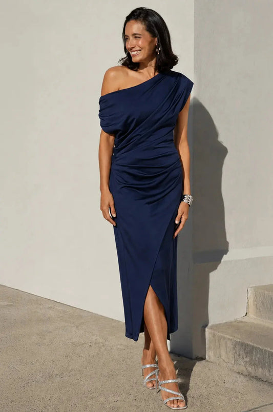Roslyn Off Shoulder Midi Dress Navy