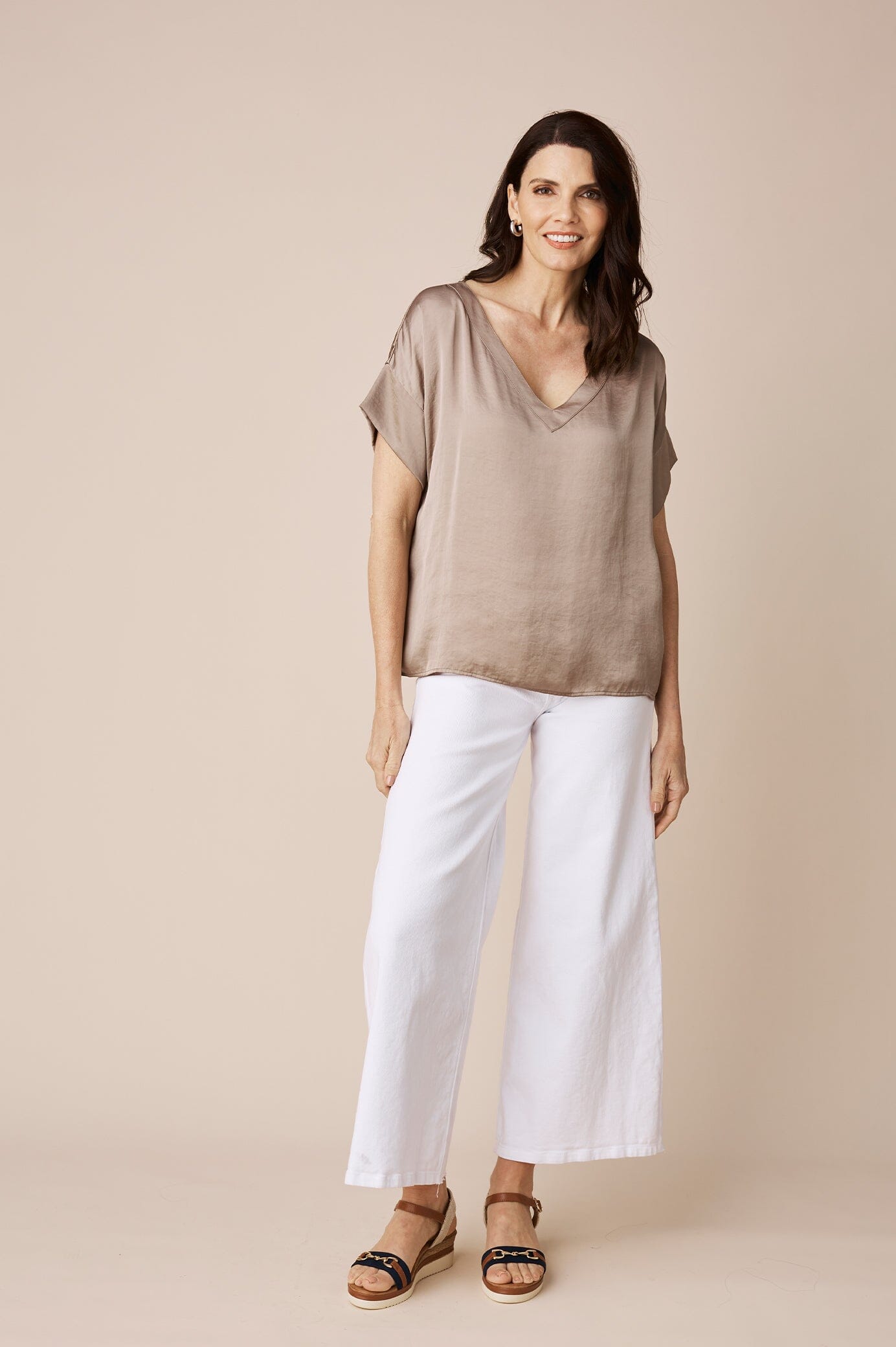 Bianca Short Sleeve Top Almond with V Neck