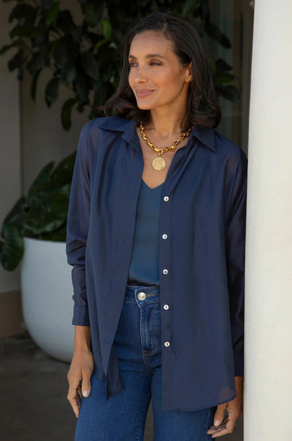 Maribelle Sheer Long Sleeve Top in Navy
