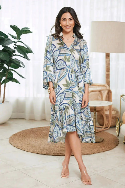 Kiara Long Sleeve Dress Green and Blue