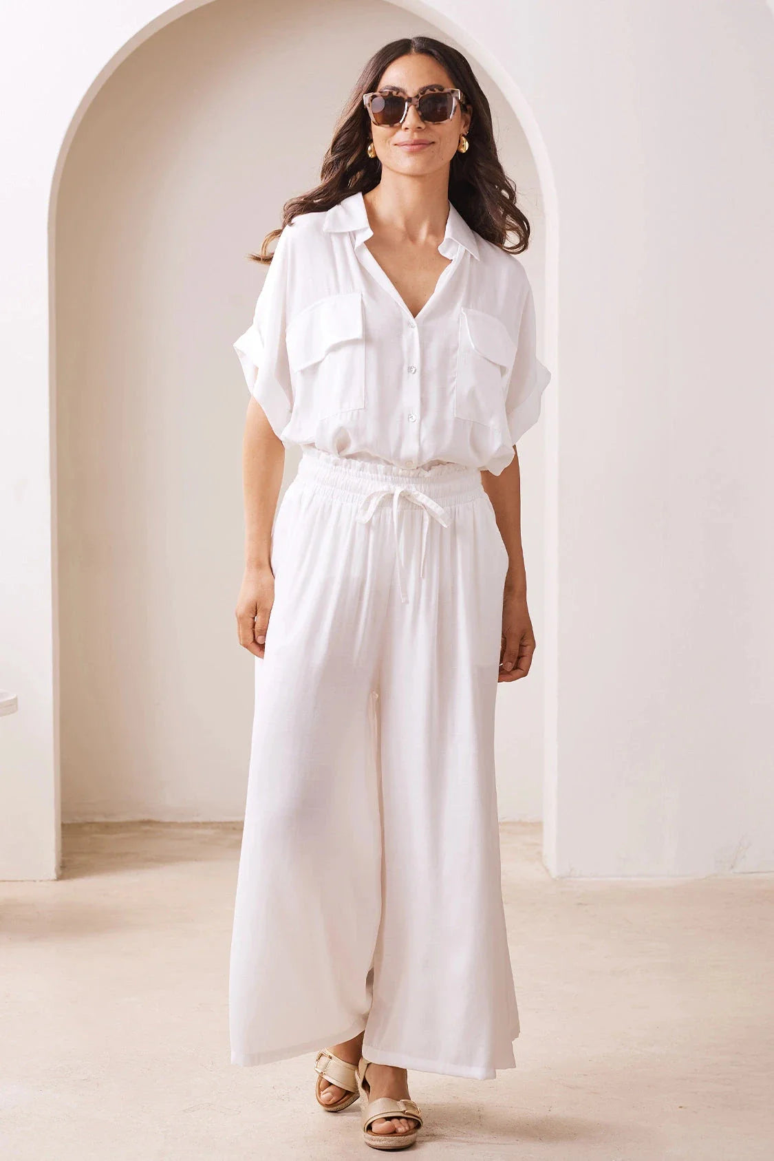 Vittoria Short Sleeve Collared V-Neck Shirt Ivory