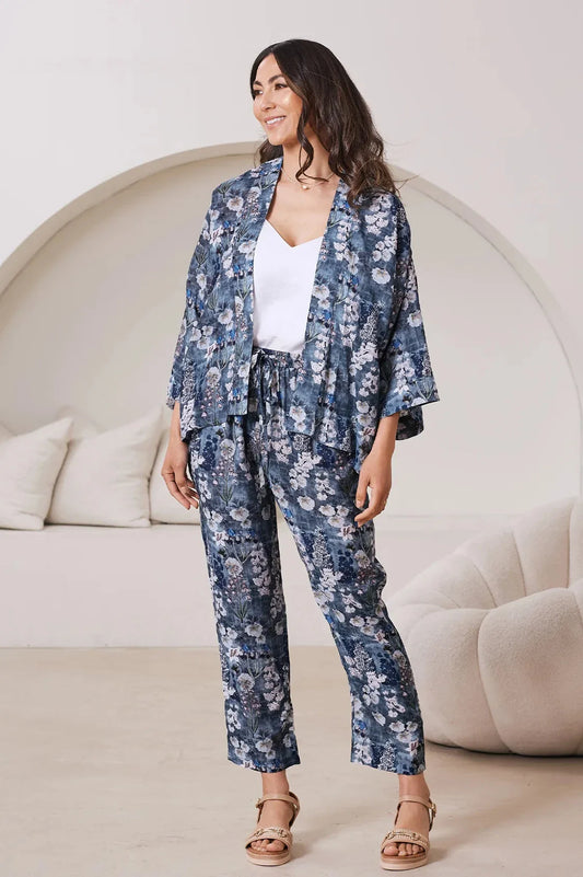 Lissy Floral Print Tapered Pants in Slate Blue