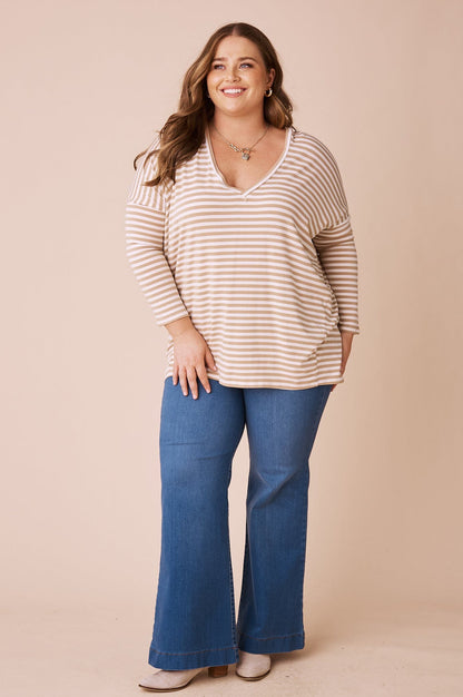 Erica Essential Long Sleeve Top Striped Camel