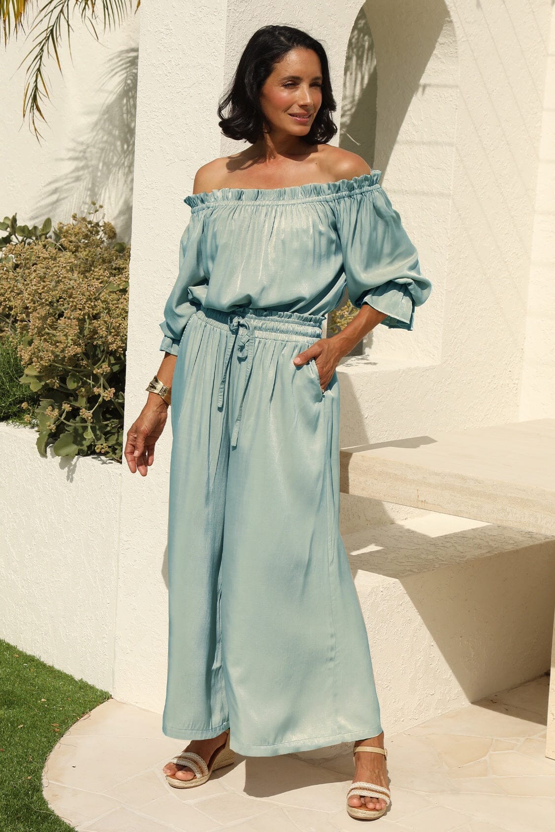 Vittoria Smocked Waist Wide Leg Pants Teal