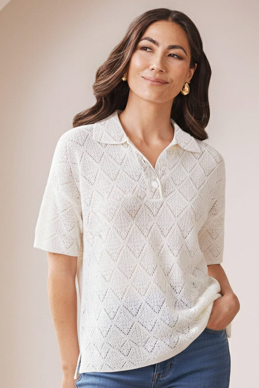 Coco Knitted Short Sleeve Collared Top Ivory